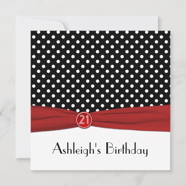 Invitación RIBBÓN IMPRESO Red Black Polka Dots 21º cumpleaños (Anverso)