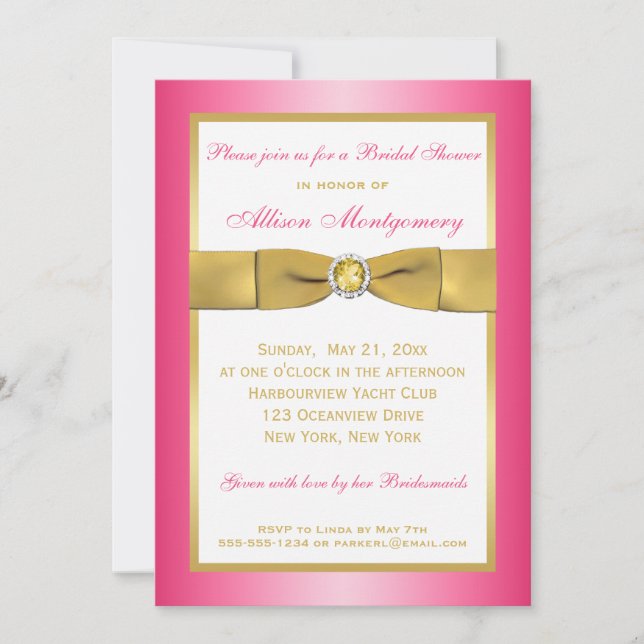 Invitación RIBBON IMPRESO rosa, dorado, ducha de novia blanca (Anverso)