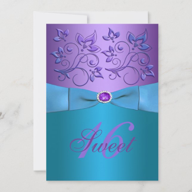 Invitación RIBBON Púrpura, Dulce Floral Turquesa 16 (Anverso)