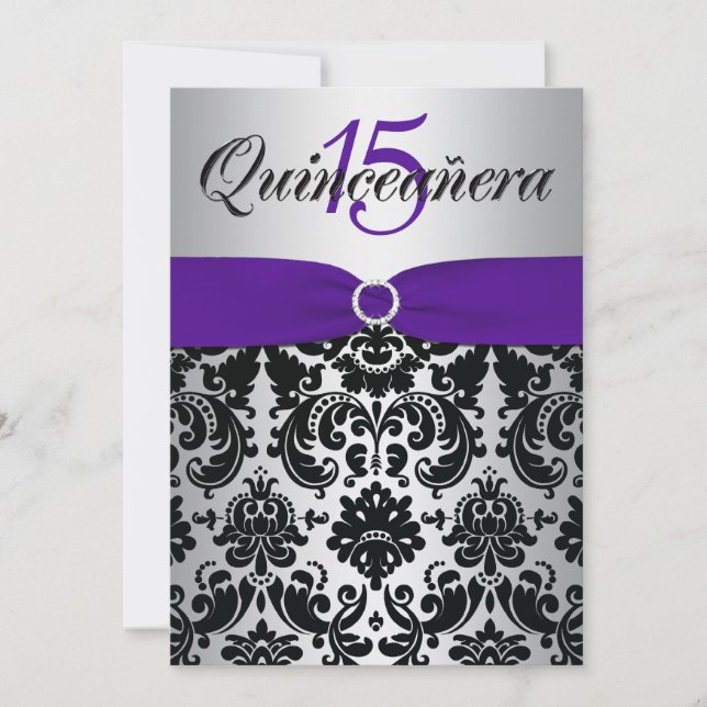 Invitación RIBBON Púrpura Plata Quinceañera Negra (Anverso)