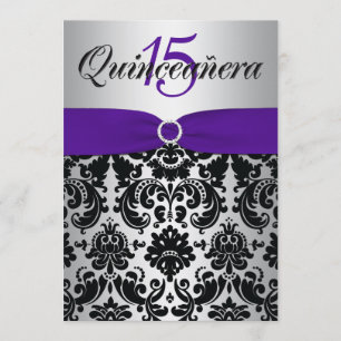Invitación RIBBON Púrpura Plata Quinceañera Negra