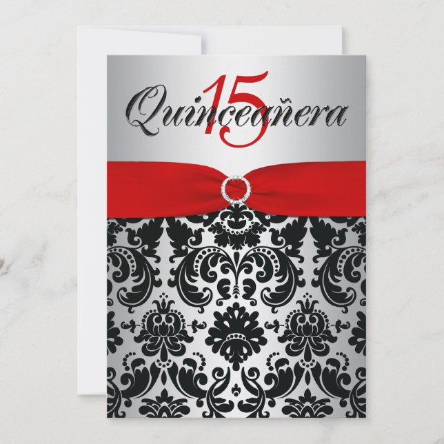Invitación RIBBON rojo plata roja quinceañera negra (Anverso)