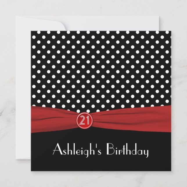 Invitación RIBBON rojo polka marcado marca 21 cumpleaños (Anverso)