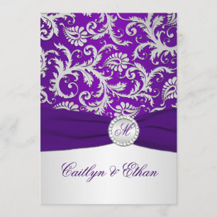 Invitación RIBBON Royal Purple and Silver Damask