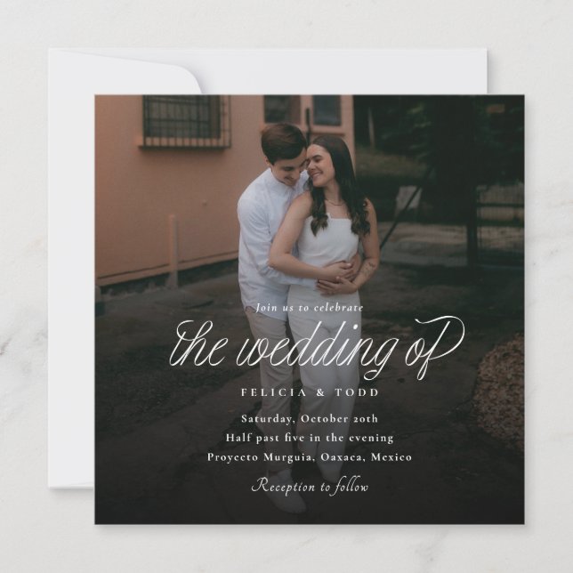 Invitación Ribbon Script Minimalist Square Wedding Photo (Anverso)