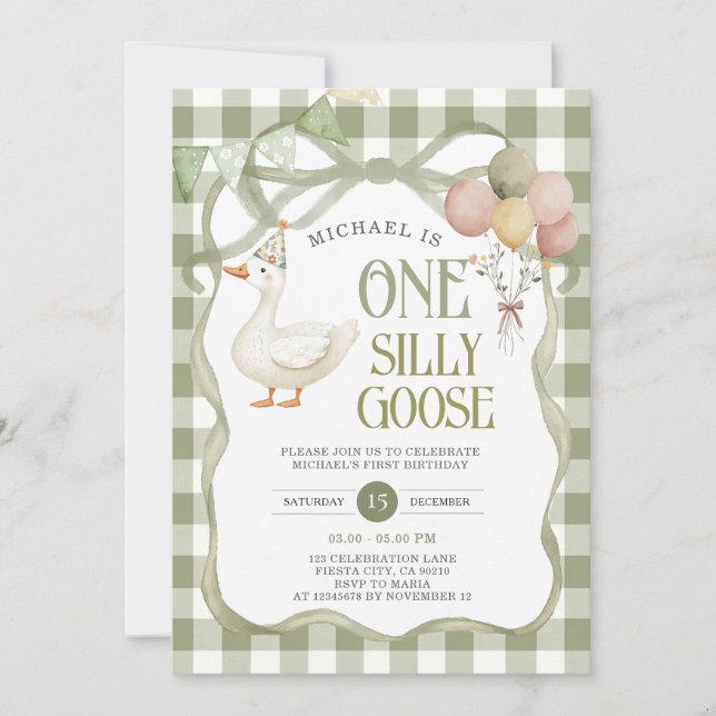 Invitación Ribbon Silly Goose Birday Balloon Green Gingham (Anverso)