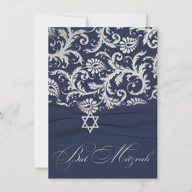 Invitación RIBBON, Silver Damask Bat Mitzvah (Anverso)