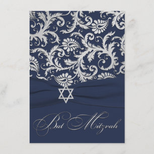 Invitación RIBBON, Silver Damask Bat Mitzvah