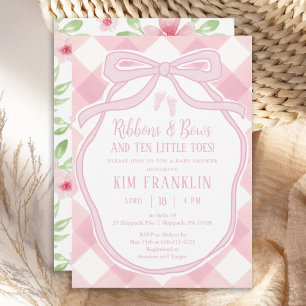 Invitación Ribbons y Bows Pink Gingham Chica Baby Shower