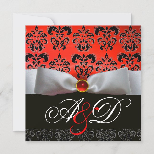 Invitación RIBÓN BLANCO ROJO ROJO DAMASK MONOGRAM Ruby (Anverso)