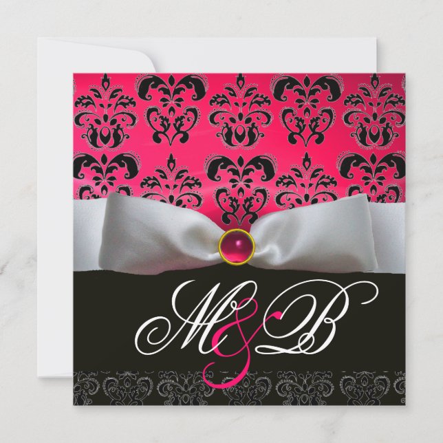 INVITACIÓN RIBÓN BLANCO ROJO ROJO ROBO NEGRO DAMASK MONOGRAM (Anverso)