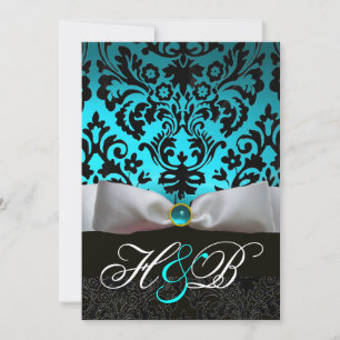 INVITACIÓN RIBÓN BLANCO VERDE AZULADO AQUA AZUL NEGRO DAMASK