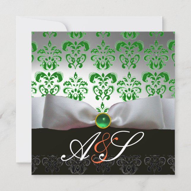 Invitación RIBÓN BLANCO VERDE Y Oro MONOGRAM DE DAMASK NEGRO (Anverso)