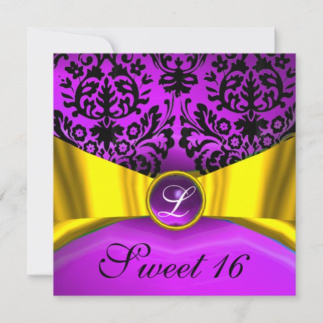INVITACIÓN RIBÓN DE ORO AMARILLO PURPLE DAMASK NEGRO MONOGRAM (Anverso)