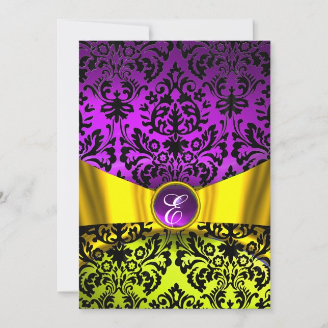 INVITACIÓN RIBÓN DE ORO AMARILLO PURPLE DAMASK NEGRO MONOGRAM (Anverso)