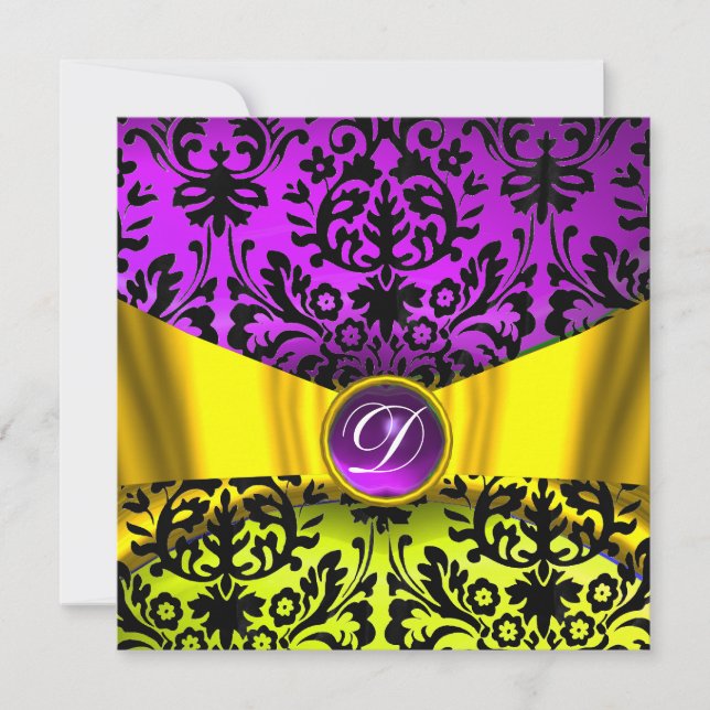 INVITACIÓN RIBÓN DE ORO AMARILLO PURPLE DAMASK NEGRO MONOGRAM (Anverso)
