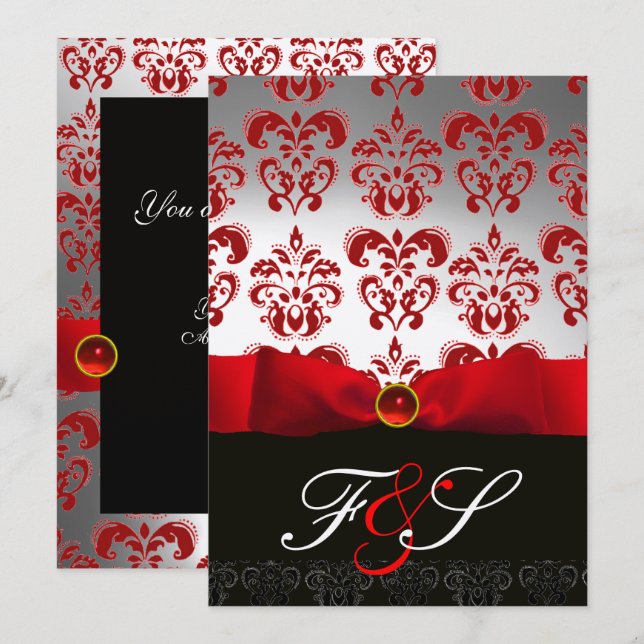 INVITACIÓN RIBÓN DE PLATA ROJA Y GRUPO MONOGRAM DE DAMASCA NE (Anverso / Reverso)