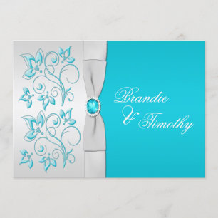 Invitación RIBÓN IMPRESO Turquesa, Boda floral plateado