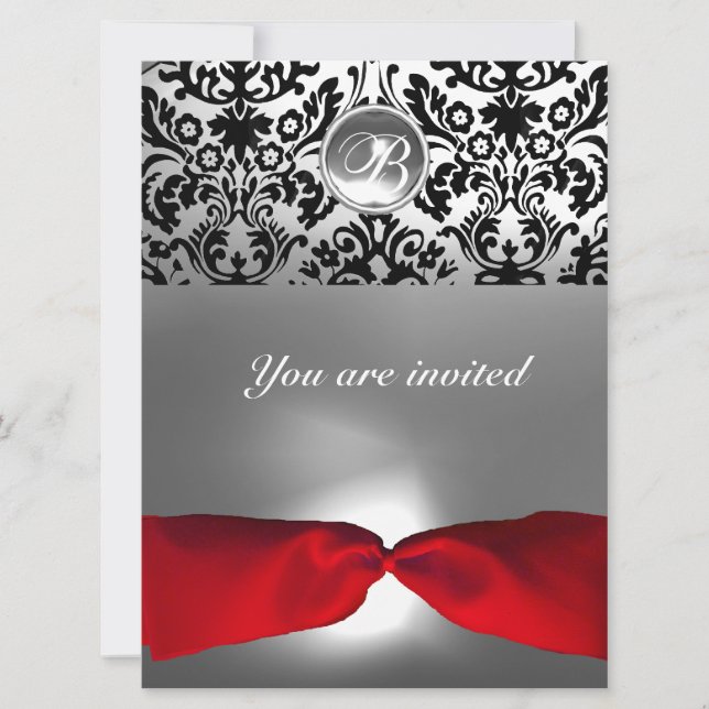 Invitación RIBÓN ROJO BLANCO DAMASK GEM STONE MONOGRAM r (Anverso)