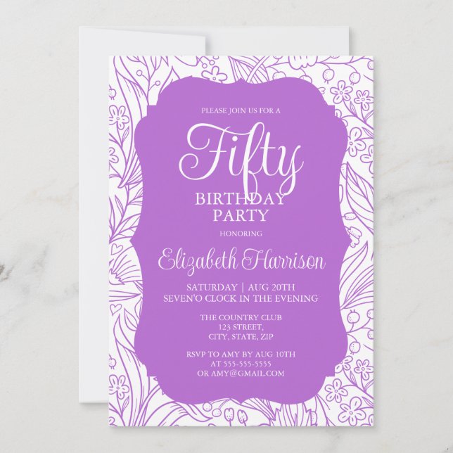Invitación Rica Lilac White Flora Mujer 50 cumpleaños (Anverso)