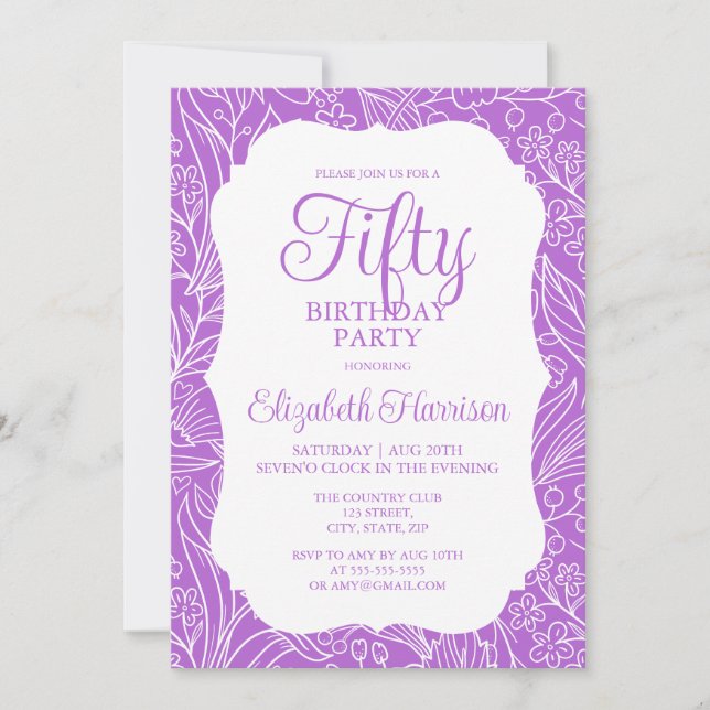 Invitación Rica Lilac White Flora Mujer 50 cumpleaños (Anverso)