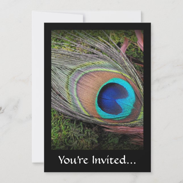 Invitación Rica y elegante fotografía de pluma de pavo real (Anverso)