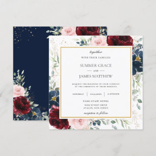 Invitación Rich Burgundy Rubor Blue Floral Boda Square