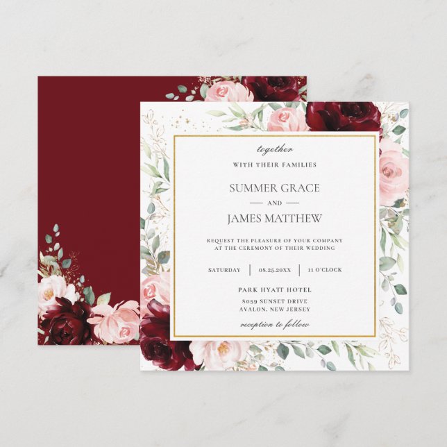 Invitación Rich Burgundy Rubor Pink Floral Boda Square (Anverso / Reverso)