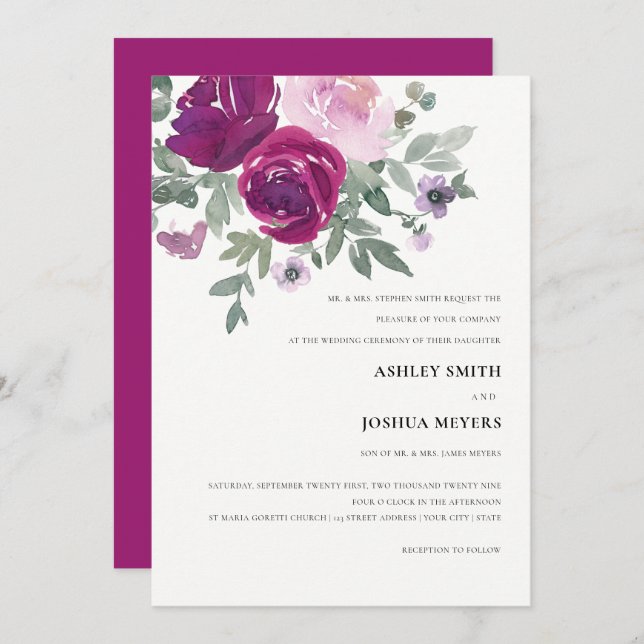 Invitación Rich Magenta Pink Floral Pearl White Wedding (Anverso / Reverso)