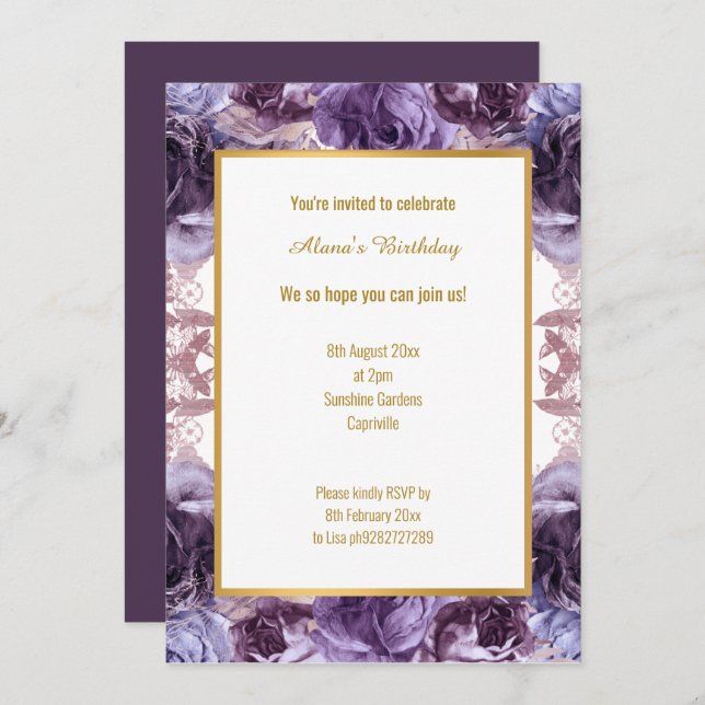 INVITACIÓN RICH PURPLE LILAC ESTILO FLORAL BLANCO CUMPLEAÑOS (Anverso / Reverso)