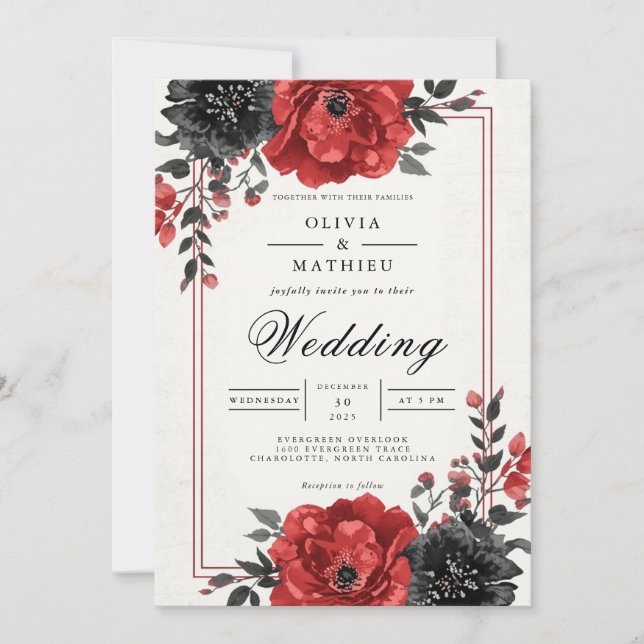 Invitación Rich Red Floral Romance Boda (Anverso)