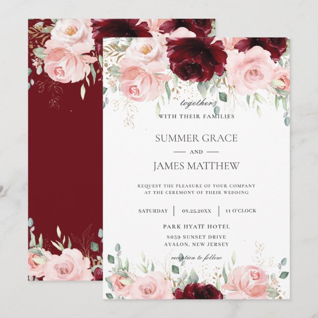Invitación Rico Borgoña rojo Rubor Rosa Boda floral (Anverso / Reverso)
