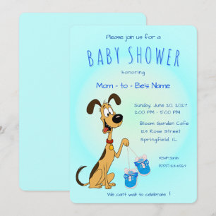 Invitación Rico el perro sosteniendo zapatos de bebé azules l