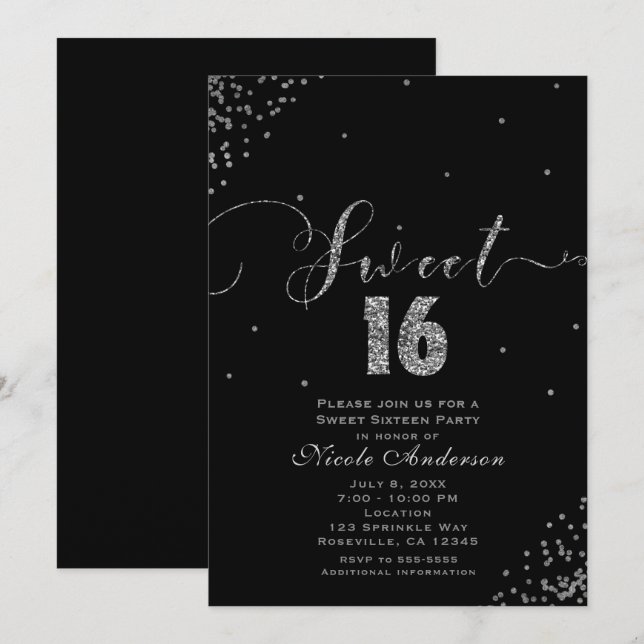 Invitación RINCON DE CONFETTI Negro y Plateado Cumple Dulces  (Anverso / Reverso)