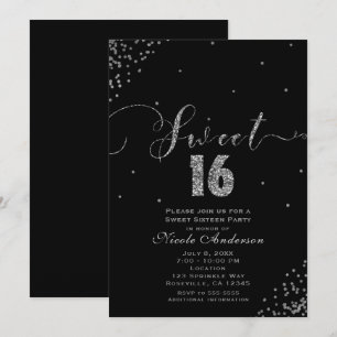 Invitación RINCON DE CONFETTI Negro y Plateado Cumple Dulces 