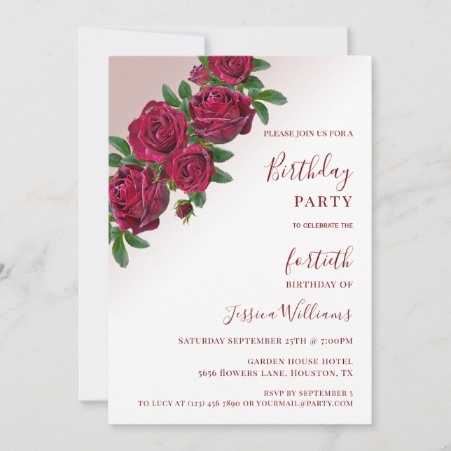 Invitación Rincón moda Rojo Roses Floral Decorativo Cumpleaño (Anverso)