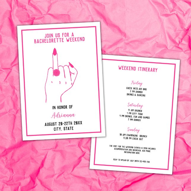 Invitación Ring Finger Bold Chicas de bachillerato rosado Wee (ring finger bachelorette party invitation bold pink weekend itinerary modern fun)