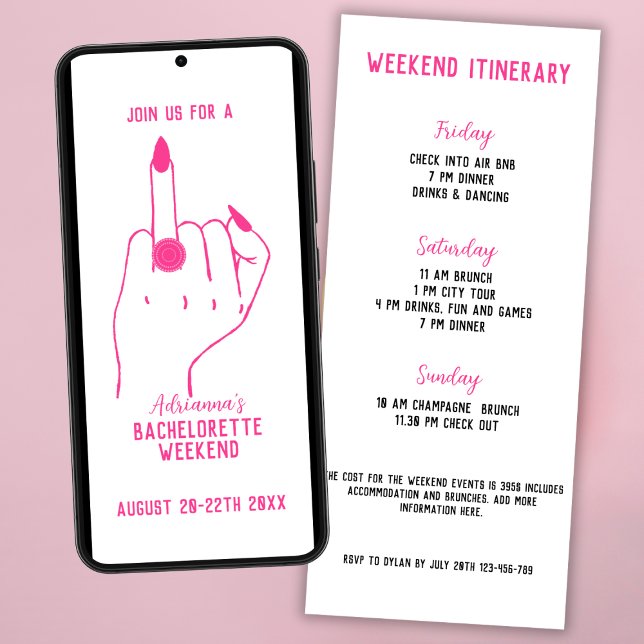 Invitación Ring Finger Pink Bachelorette Weekend Itinerario (ring finger bachelorette party invitation bold pink weekend itinerary chic modern)