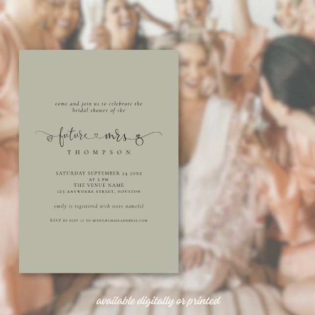 Invitación Ring Script Future Mrs Light Sage Bridal Shower (Available digitally or printed)
