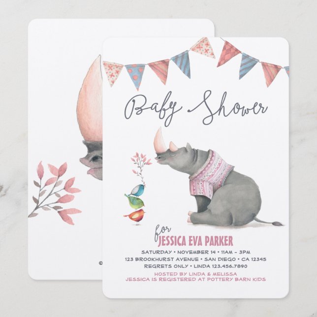 Invitación Rinoceronte bebé y Chica de birdies pintado Baby S (Anverso / Reverso)