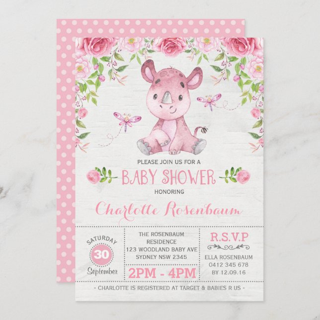 Invitación Rinoceronte floral rosado bonito niña ducha (Anverso / Reverso)