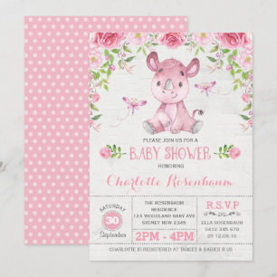 Invitación Rinoceronte floral rosado bonito niña ducha