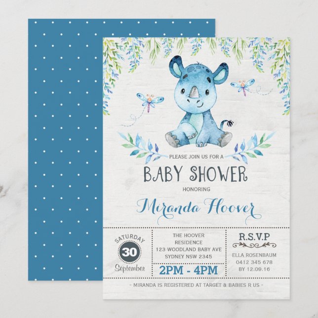 Invitación Rinocerontes azules / Baby Shower del chico rinoce (Anverso / Reverso)