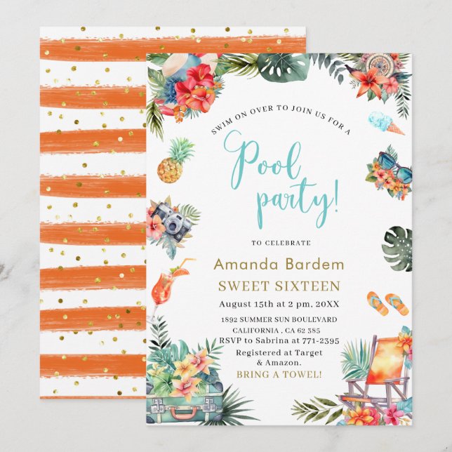 Invitación Río de Agua Tropical En La Piscina Verano Dieciséi (Anverso / Reverso)