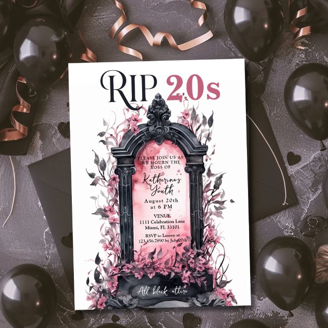 Invitación Rip 20 Muerte a mi juventud 30 cumpleaños rosado (Rip 20s Death to my Youth 30th Pink Birthday Party Invitation)