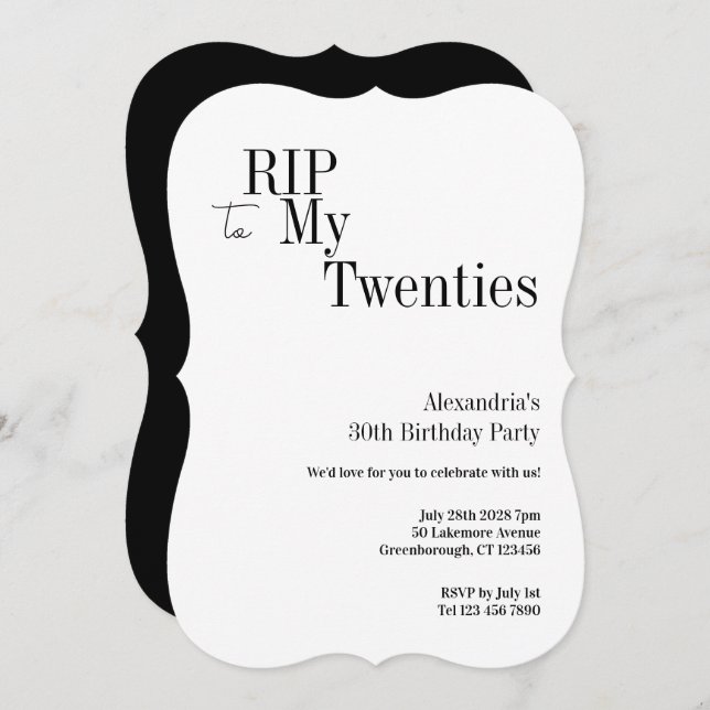 Invitación RIP 20s 30th Birthday Minimal Party (Anverso / Reverso)