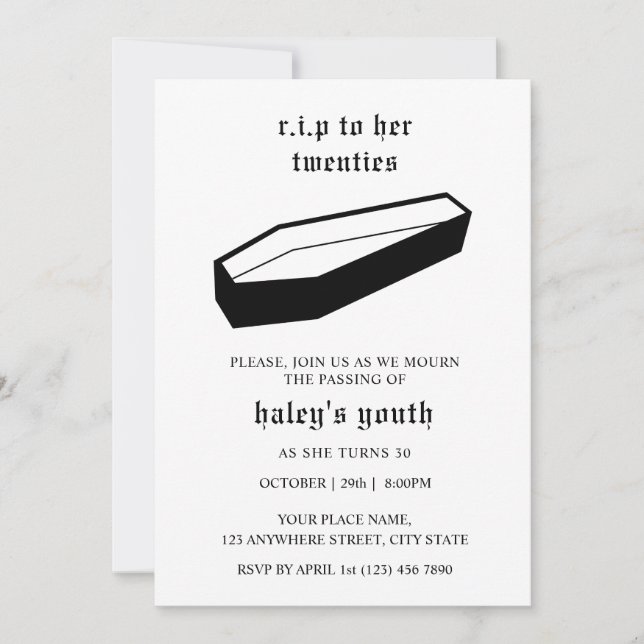 Invitación RIP 20s a su funeral de los veinte cumpleaños 30 (Anverso)