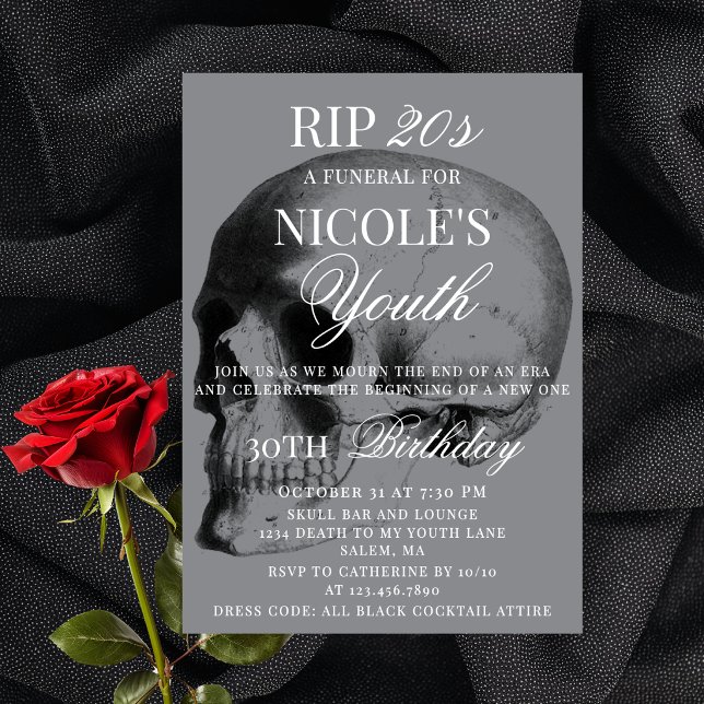 Invitación RIP 20s Cráneo Mínimo Tema Funeral Cumpleaños 30 (Subido por el creador)