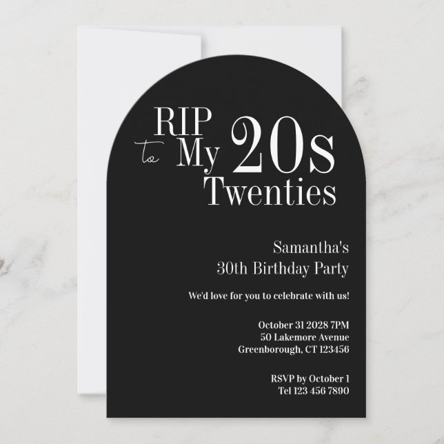 Invitación RIP 20s Cumpleaños 30 Fiesta Negro y Blanco (Anverso)