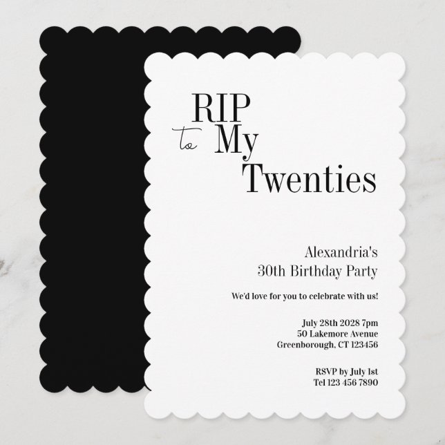 Invitación RIP 20s Cumpleaños 30 Minimal Party (Anverso / Reverso)